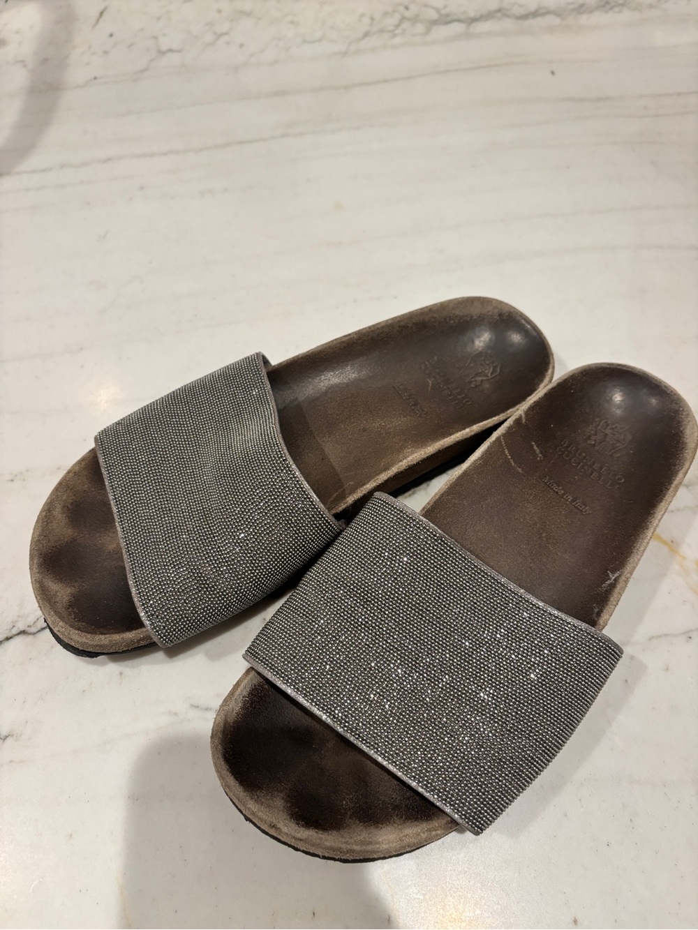 Brunello Cucinelli Gray Crystal-Embellished Slide Sandals